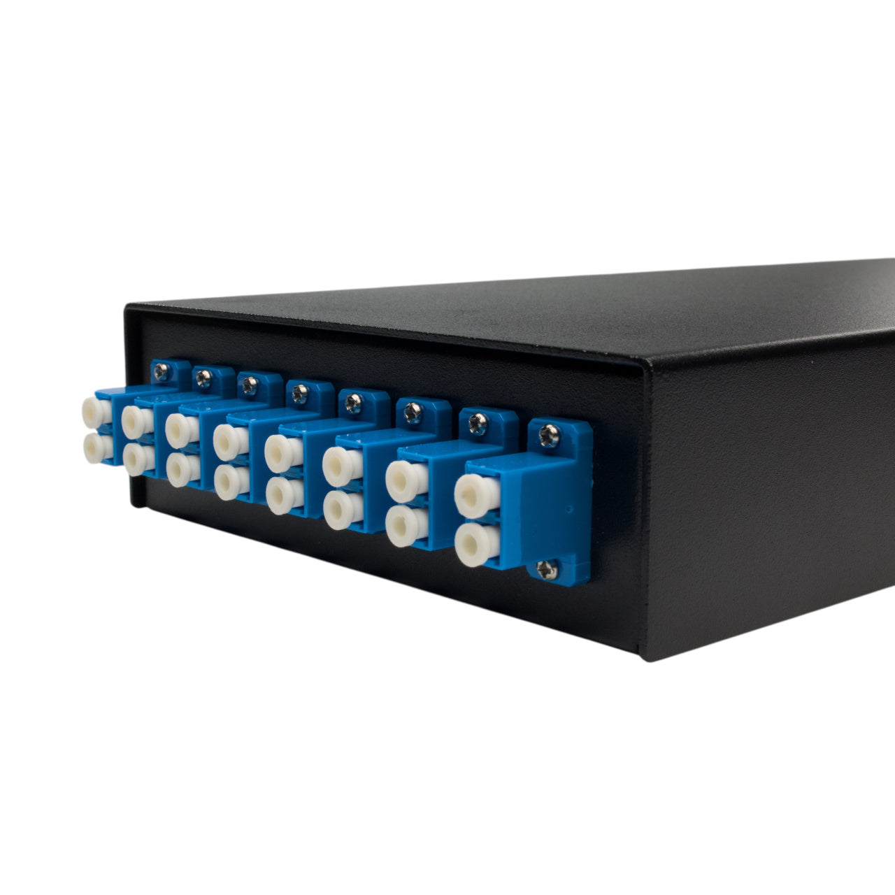 Fiber Optic Terminal Box | 16 LC/UPC SM Pigtails | 8 LC Duplex Adapters (SC Footprint, Blue)