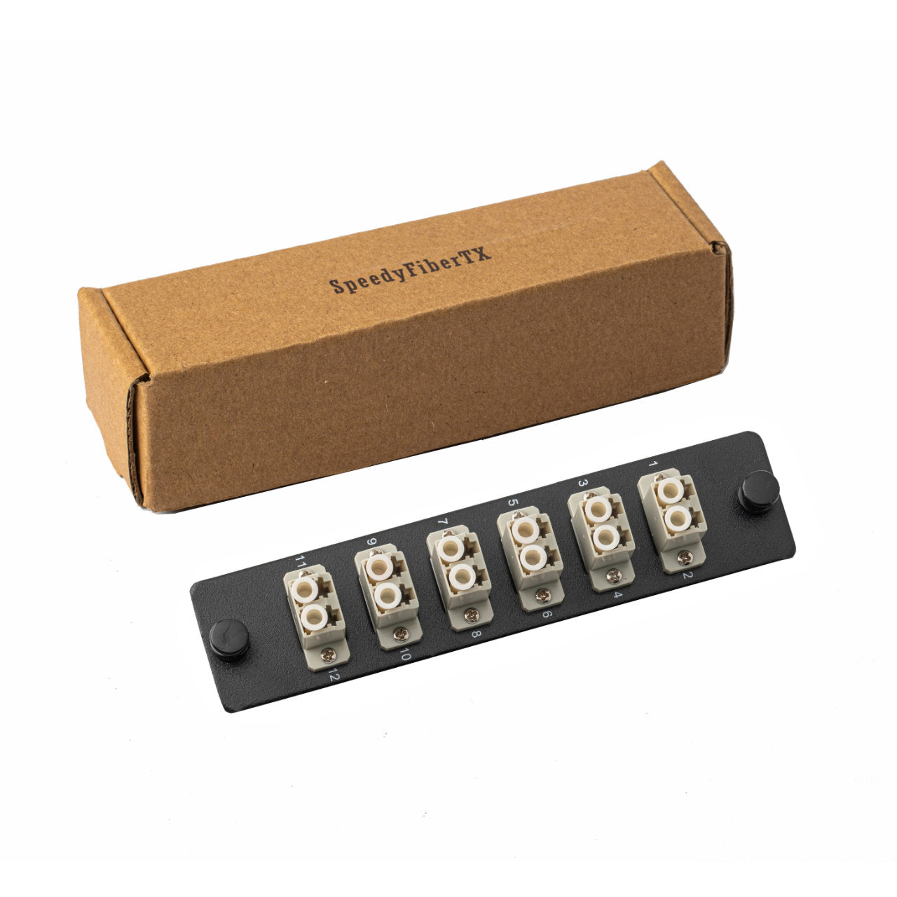 12-Port LGX Compatible Fiber Patch Panel with Numbered Ports, Preloaded with Beige LC Adapters/Couplers