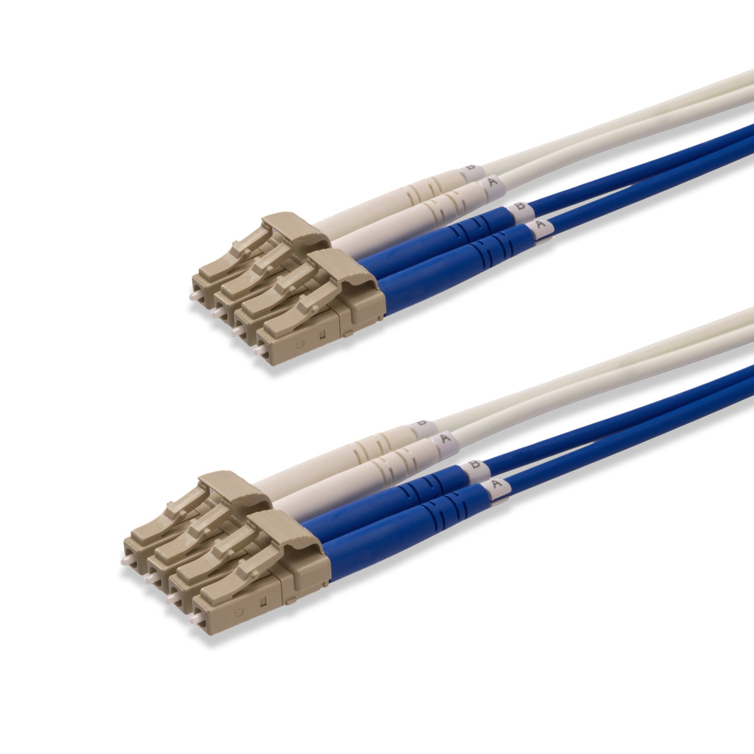 4-Core Armored LC/UPC to LC/UPC Multimode OM1 Fiber Optic Patch Cable | Ø4.5mm Black Armored Cable | Blue & White LSZH Fanout Tubes