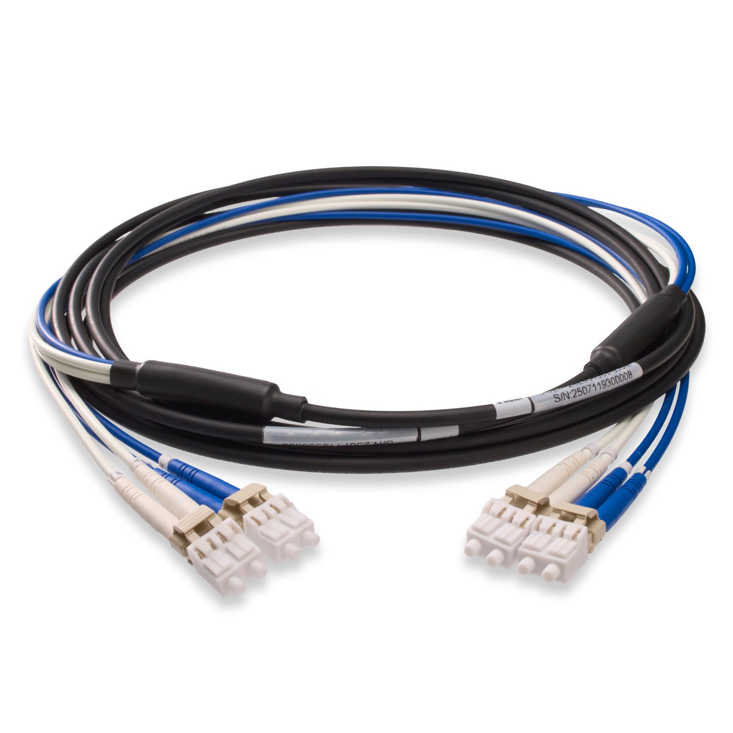 4-Core Armored LC/UPC to LC/UPC Multimode OM1 Fiber Optic Patch Cable | Ø4.5mm Black Armored Cable | Blue & White LSZH Fanout Tubes