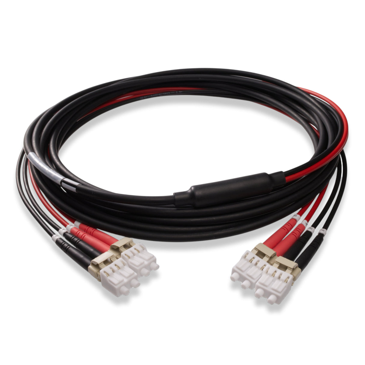 4-Core Armored LC/UPC to LC/UPC Multimode OM1 Fiber Optic Patch Cable | Ø4.5mm Black Armored Cable | Red & Black LSZH Fanout Tubes