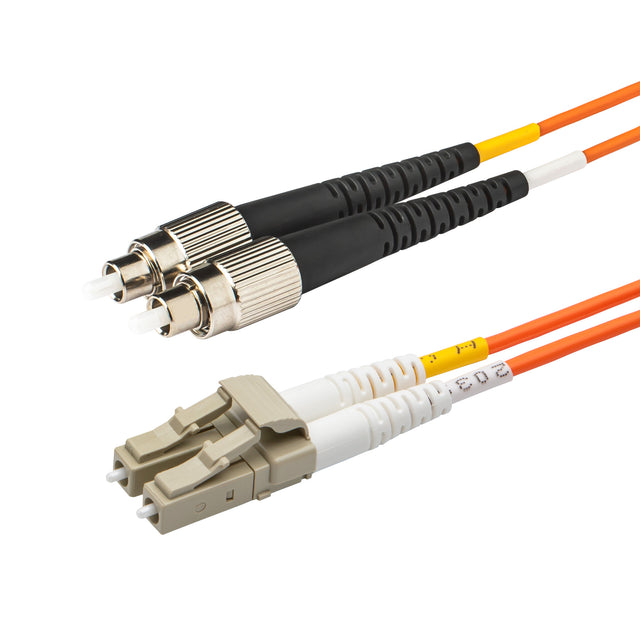 LC-FC multimode OM1 duplex fiber patch cable with Corning InfiniCor OM1 62.5/125um fiber, orange jacket, available in custom lengths. Ideal for data centers, enterprise networks, and server rooms.