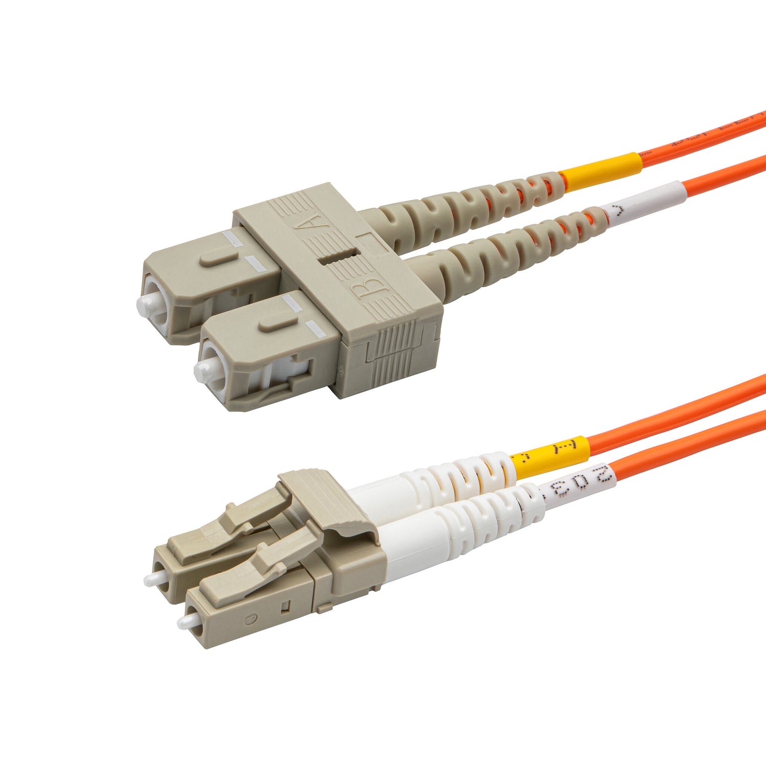 LC-SC multimode OM1 duplex fiber patch cable with Corning InfiniCor OM1 62.5/125um fiber, orange jacket, available in custom lengths. Ideal for data centers, enterprise networks, and server rooms.