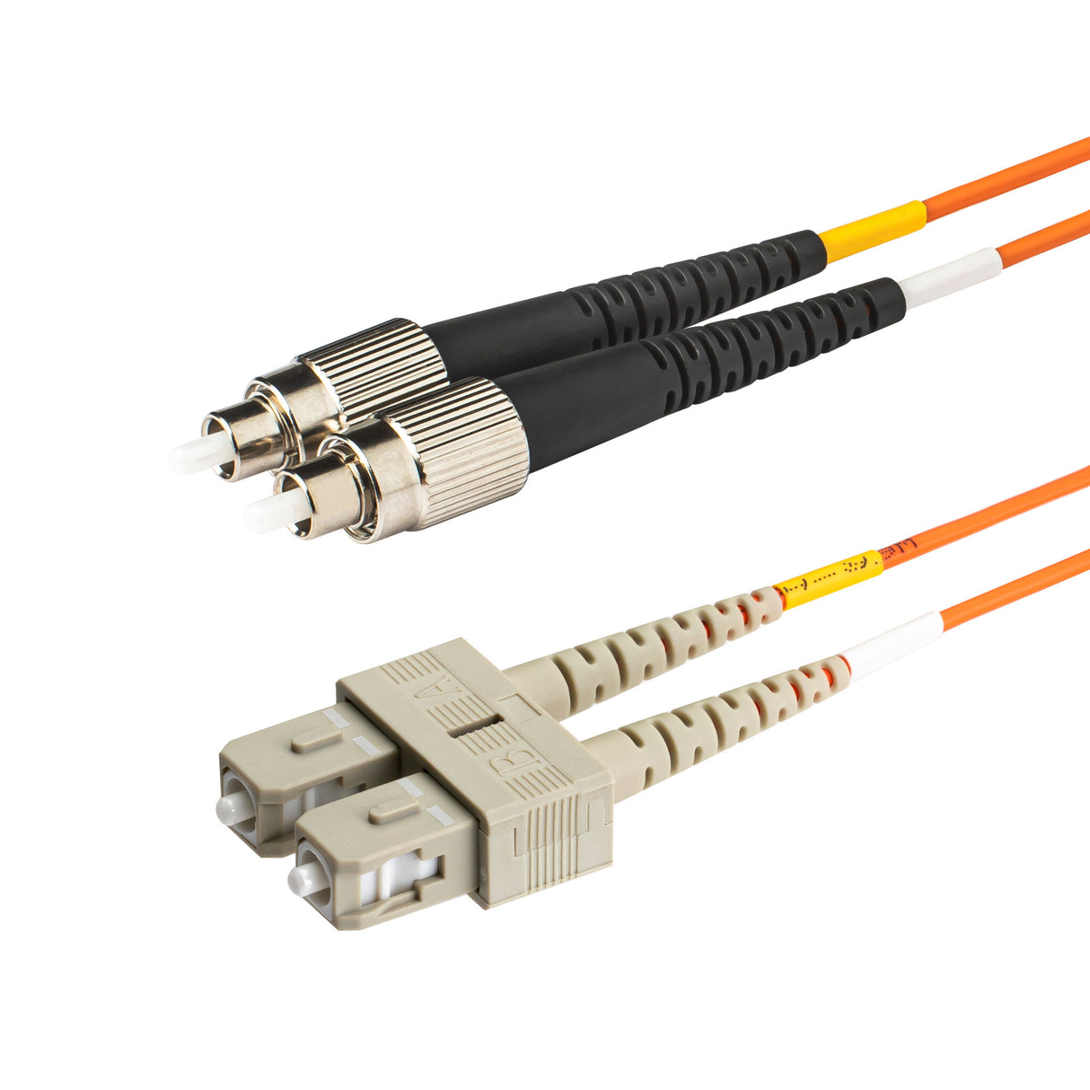 SC-FC multimode OM1 duplex fiber patch cable with Corning InfiniCor OM1 62.5/125um fiber, orange jacket, available in custom lengths. Ideal for data centers, enterprise networks, and server rooms.