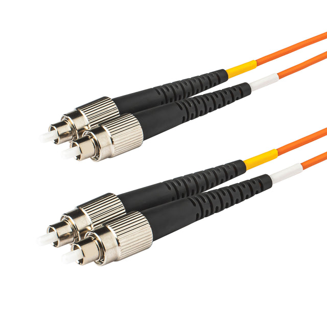 FC-FC multimode OM1 duplex fiber patch cable with Corning InfiniCor OM1 62.5/125um fiber, orange jacket, available in custom lengths. Ideal for data centers, enterprise networks, and server rooms.