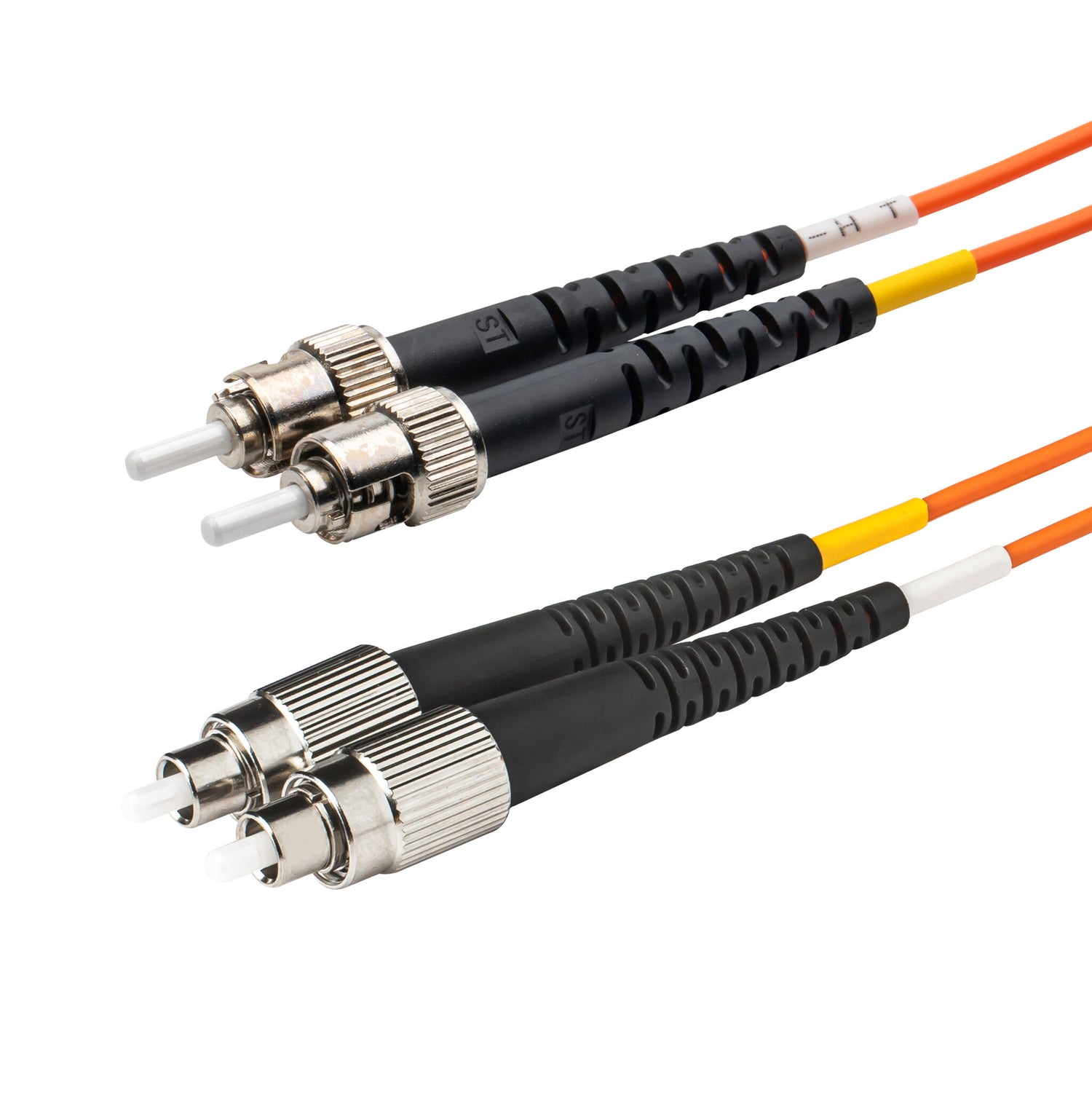 ST-FC multimode OM1 duplex fiber patch cable with Corning InfiniCor OM1 62.5/125um fiber, orange jacket, available in custom lengths. Ideal for data centers, enterprise networks, and server rooms.