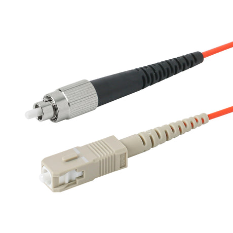 SC-FC multimode OM1 simplex fiber patch cable with Corning InfiniCor OM1 62.5/125um fiber, orange jacket, available in custom lengths. Ideal for data centers, enterprise networks, and server rooms.