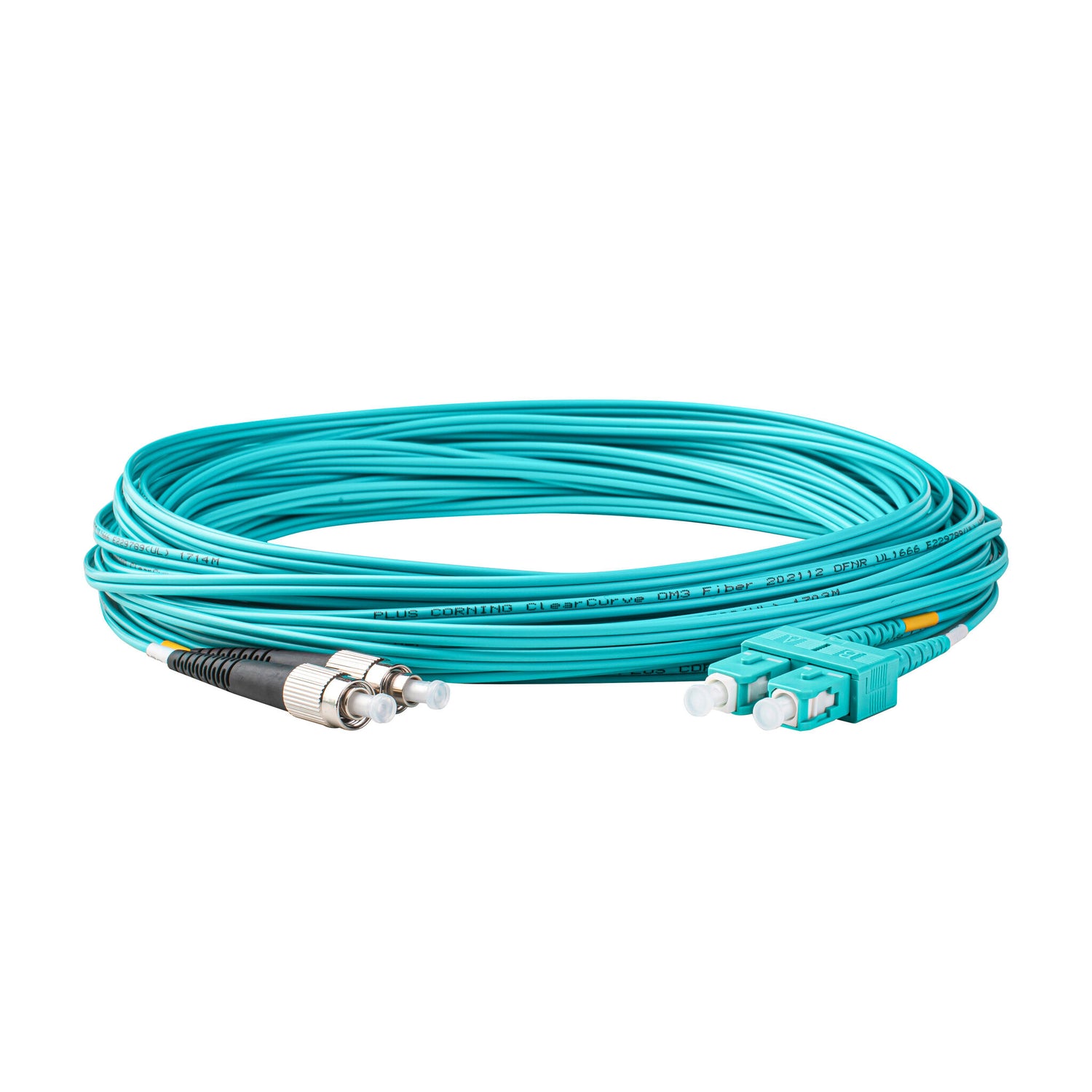 0.2dB SC/UPC to FC/UPC Multimode OM3 Duplex Fiber Patch Cable | Corning ClearCurve OM3 50 µm Laser-Optimized Fiber |  Aqua OFNP Jacket, Aqua  Connectors