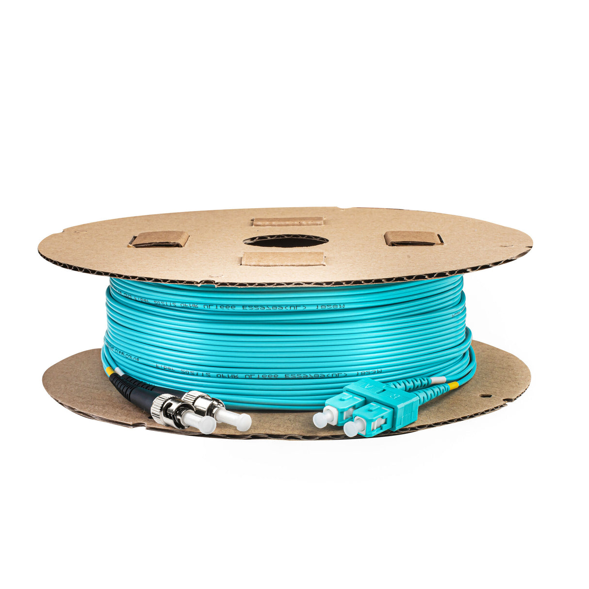 TAA合規 | 電信級 0.2dB  SC/UPC to ST/UPC 多模 OM3 雙工光纖跳線 | 康寧纖芯 |  水綠色 OFNR 外被, 水綠色接頭