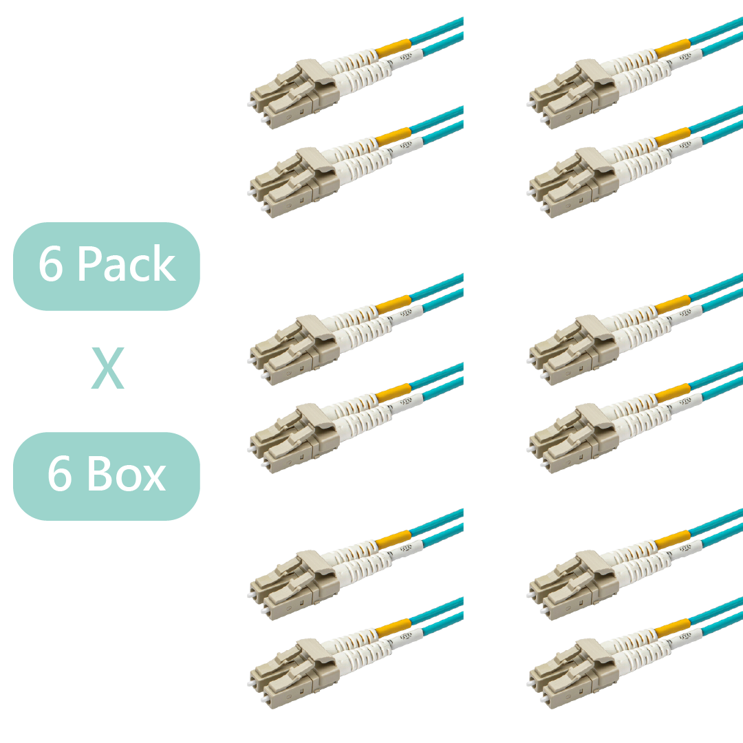 Bundle Deal – 0.2dB LC/UPC to LC/UPC Multimode OM3 Duplex Fiber Patch Cable | Corning ClearCurve OM3 50 µm Laser-Optimized Fiber |  Aqua Jacket, Beige  Connectors | 20 cm | 6-Pack