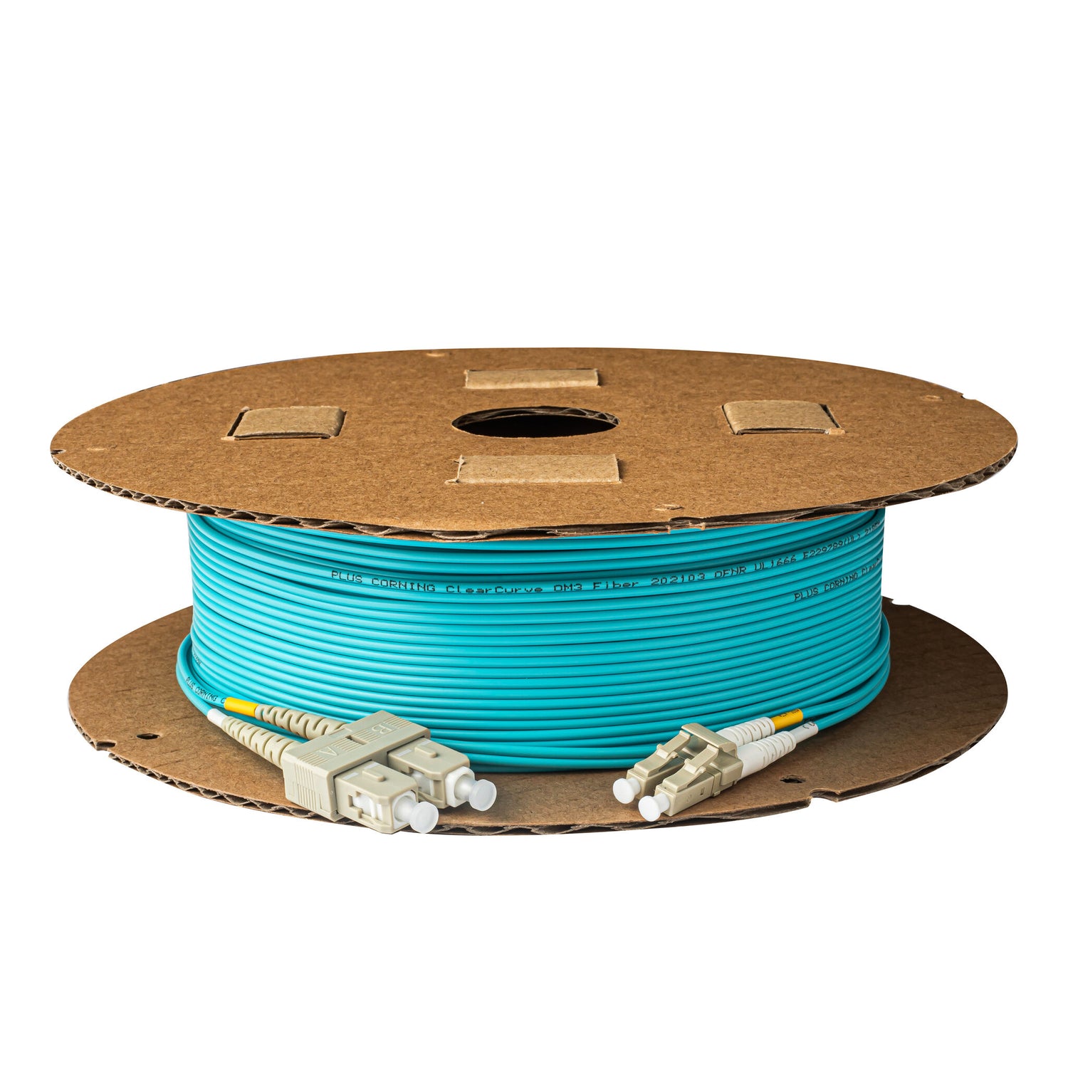 TAA合規 | 電信級 0.2dB  LC/UPC to SC/UPC 多模 OM3 雙工光纖跳線 | 康寧纖芯 |  水綠色 OFNR 外被, 米色接頭