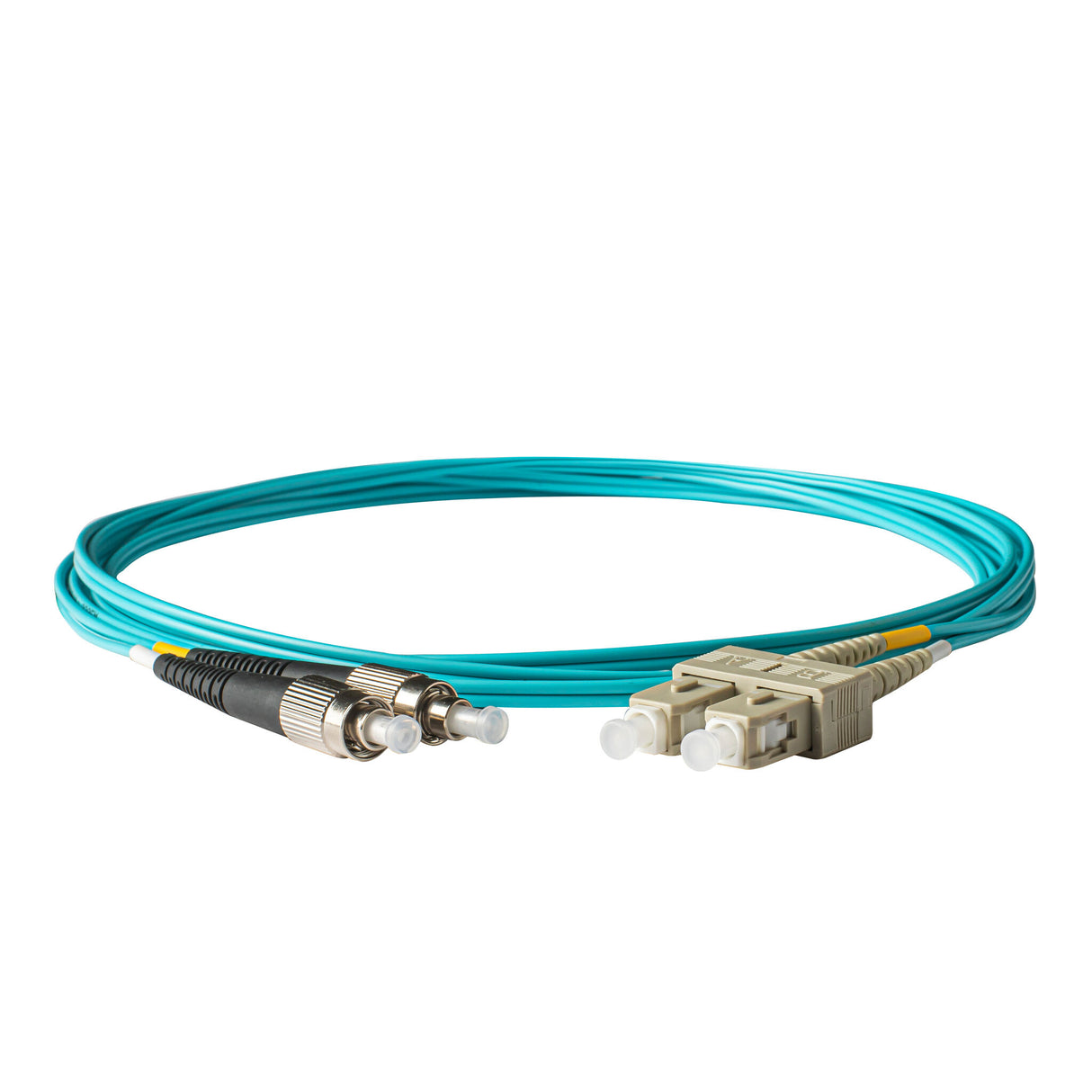 0.2dB SC/UPC to FC/UPC Multimode OM3 Duplex Fiber Patch Cable | Corning ClearCurve OM3 50 µm Laser-Optimized Fiber |  Aqua OFNP Jacket, Beige  Connectors