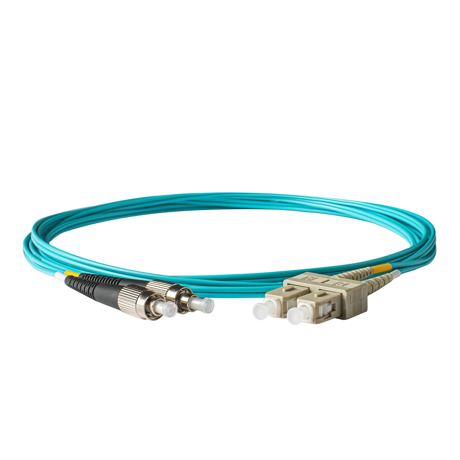 0.2dB SC/UPC to FC/UPC Multimode OM3 Duplex Fiber Patch Cable | Corning ClearCurve OM3 50 µm Laser-Optimized Fiber |  Aqua OFNP Jacket, Beige  Connectors