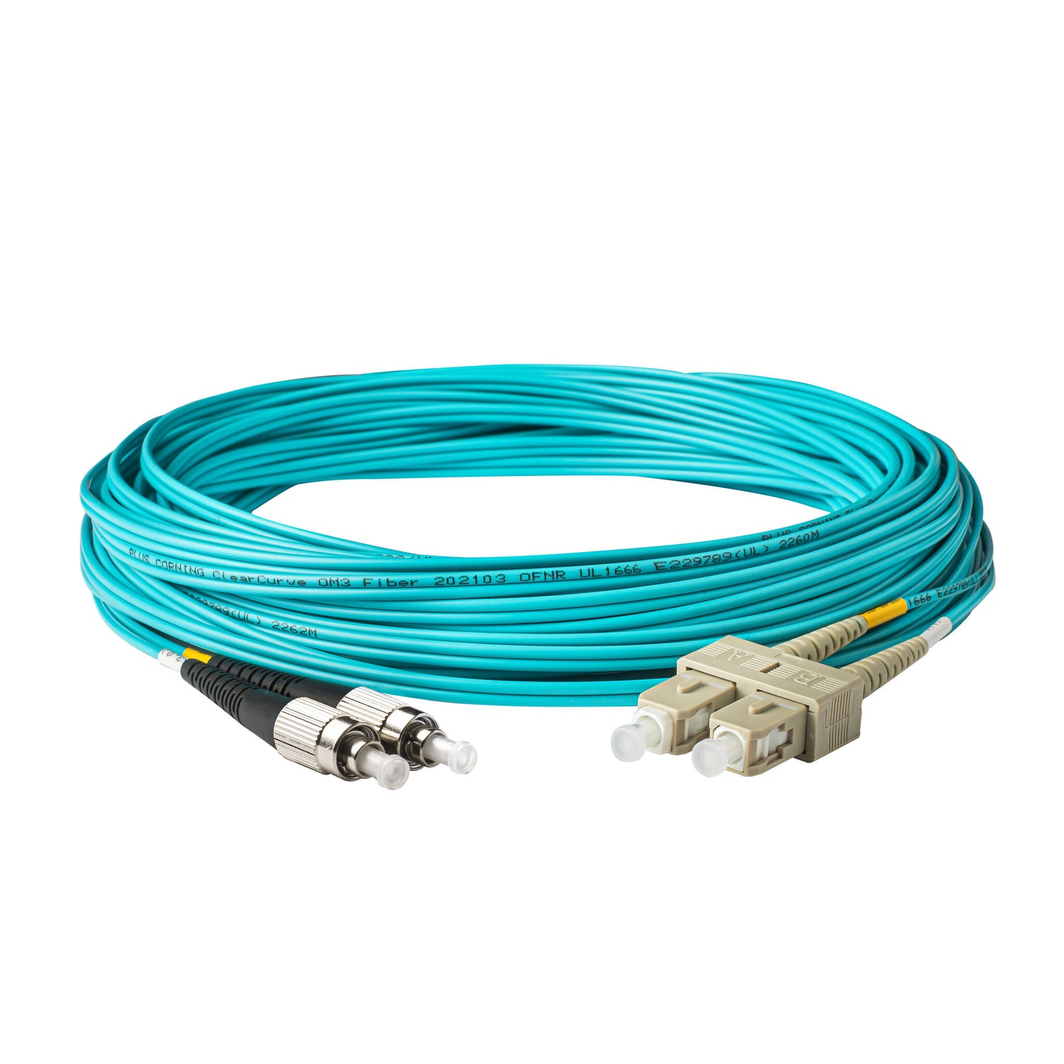 0.2dB SC/UPC to FC/UPC Multimode OM3 Duplex Fiber Patch Cable | Corning ClearCurve OM3 50 µm Laser-Optimized Fiber |  Aqua OFNP Jacket, Beige  Connectors