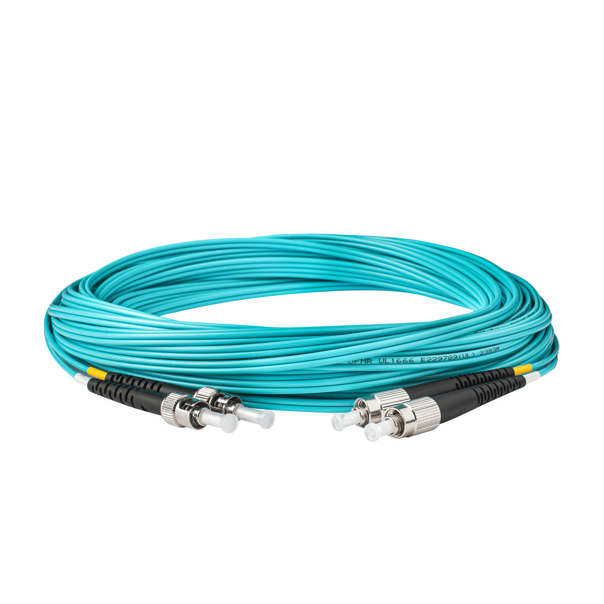 0.2dB ST/UPC to FC/UPC Multimode OM3 Duplex Fiber Patch Cable | Corning ClearCurve OM3 50 µm Laser-Optimized Fiber |  Aqua LSZH Jacket, Metal  Connectors