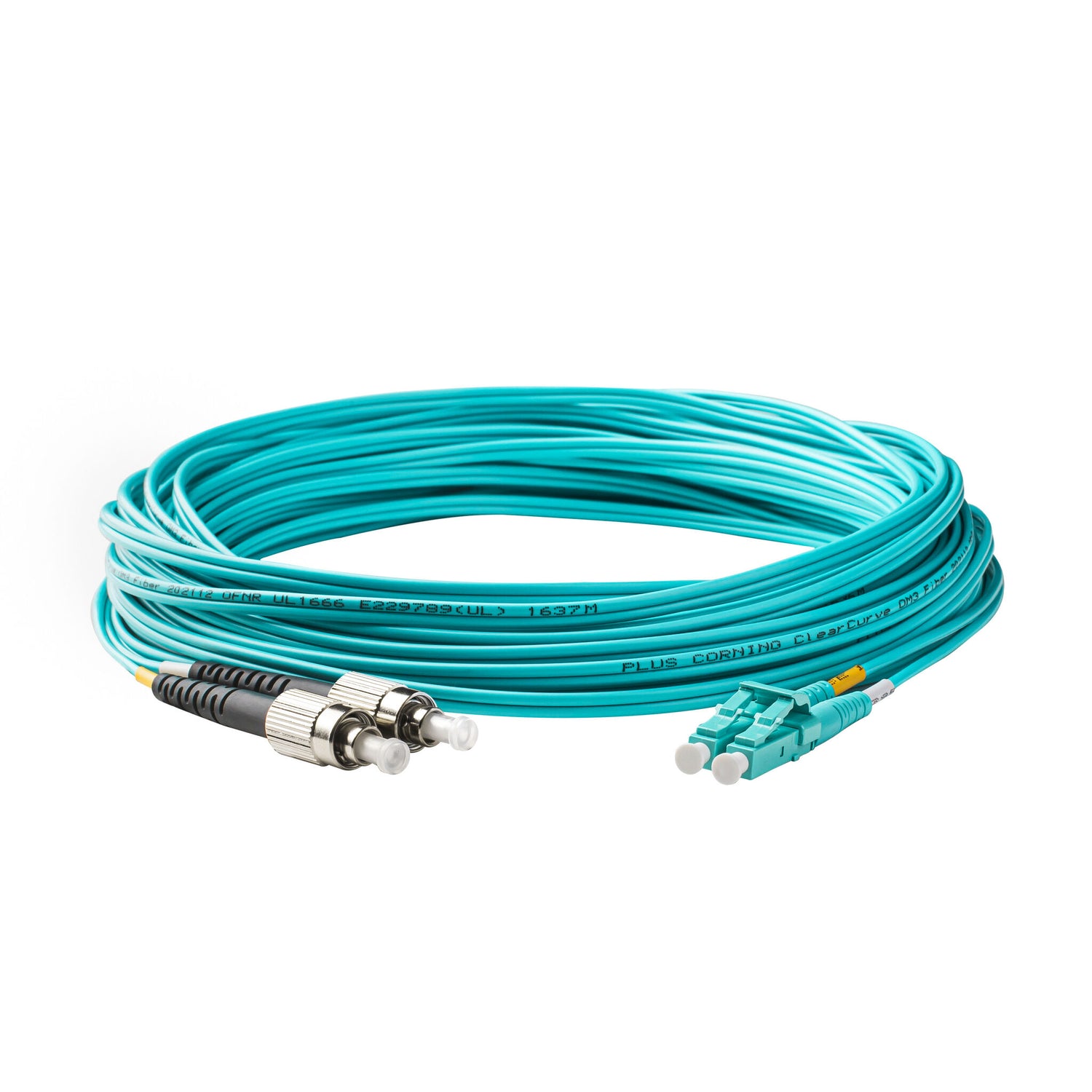 0.2dB LC/UPC to FC/UPC Multimode OM4 Duplex Fiber Patch Cable | Corning ClearCurve OM4 50 µm Laser-Optimized Fiber |  Aqua LSZH Jacket, Aqua  Connectors
