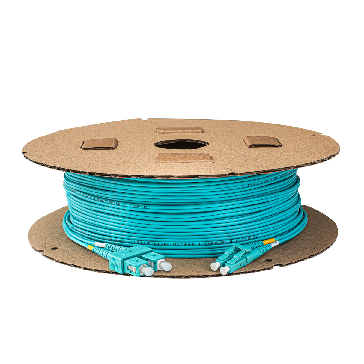 TAA合規 | 電信級 0.2dB  LC/UPC to SC/UPC 多模 OM4 雙工光纖跳線 | 康寧纖芯 |  水綠色 OFNR 外被, 水綠色接頭
