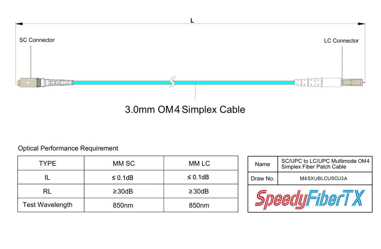 Ultra Low Loss 0.1dB LC/UPC to SC/UPC Multimode OM4 Simplex Fiber Patch Cable | Corning ClearCurve OM4 50 µm Laser-Optimized Fiber |  Aqua LSZH Jacket, Beige  Connectors
