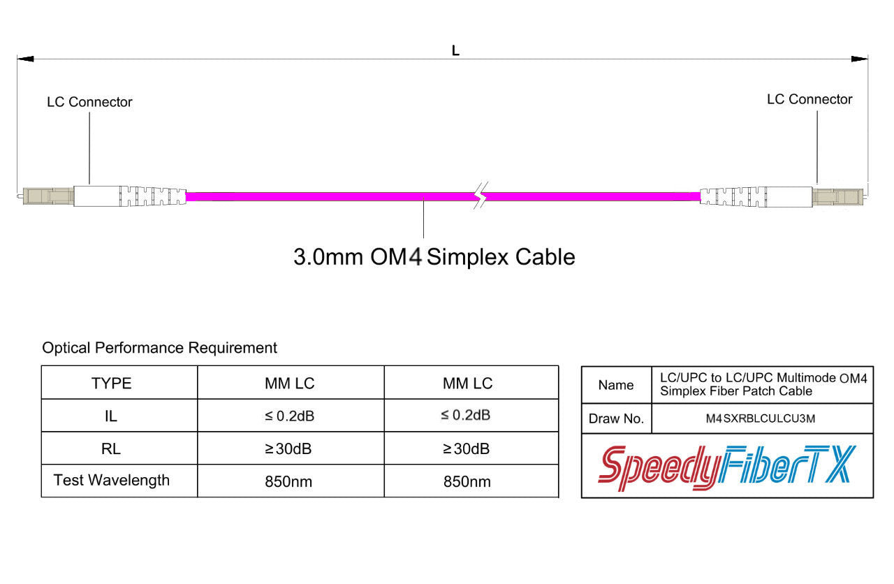 TAA合規 | 電信級 0.2dB  LC/UPC to LC/UPC 多模 OM4 單工光纖跳線 | 康寧纖芯 |  洋紅色 OFNR 外被, 米色接頭