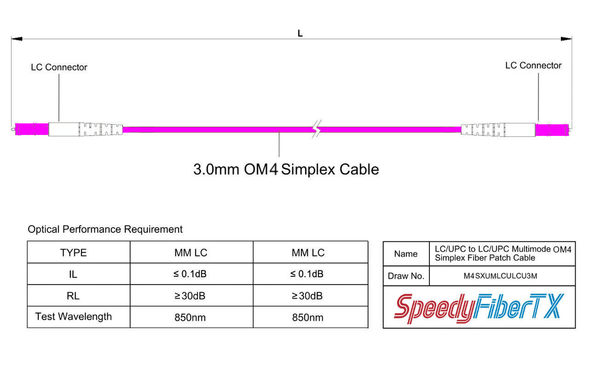 Ultra Low Loss 0.1dB LC/UPC to LC/UPC Multimode OM4 Simplex Fiber Patch Cable | Corning ClearCurve OM4 50 µm Laser-Optimized Fiber |  Magenta OFNR Jacket, Magenta  Connectors