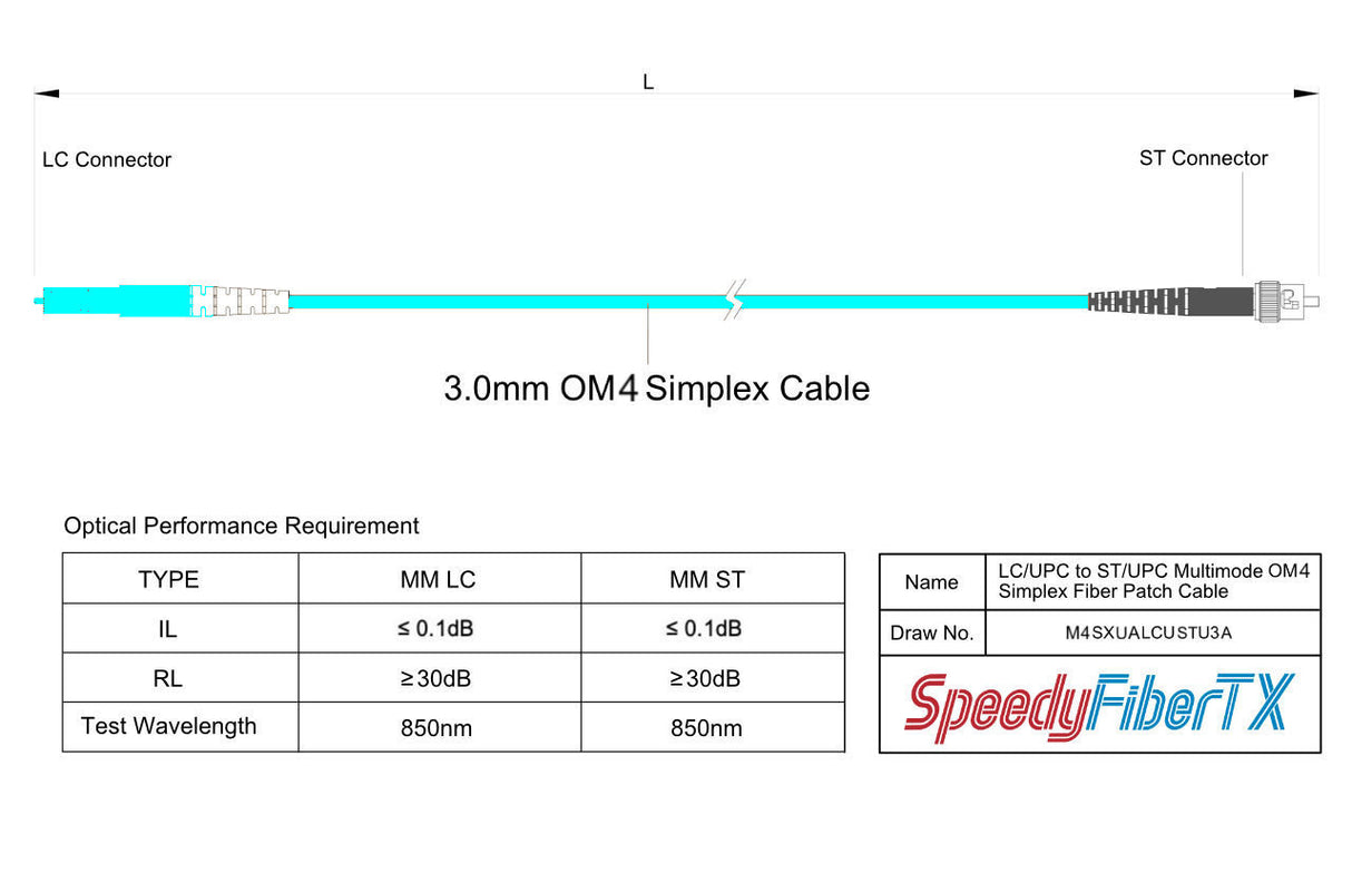 Ultra Low Loss 0.1dB LC/UPC to ST/UPC Multimode OM4 Simplex Fiber Patch Cable | Corning ClearCurve OM4 50 µm Laser-Optimized Fiber |  Aqua LSZH Jacket, Aqua  Connectors