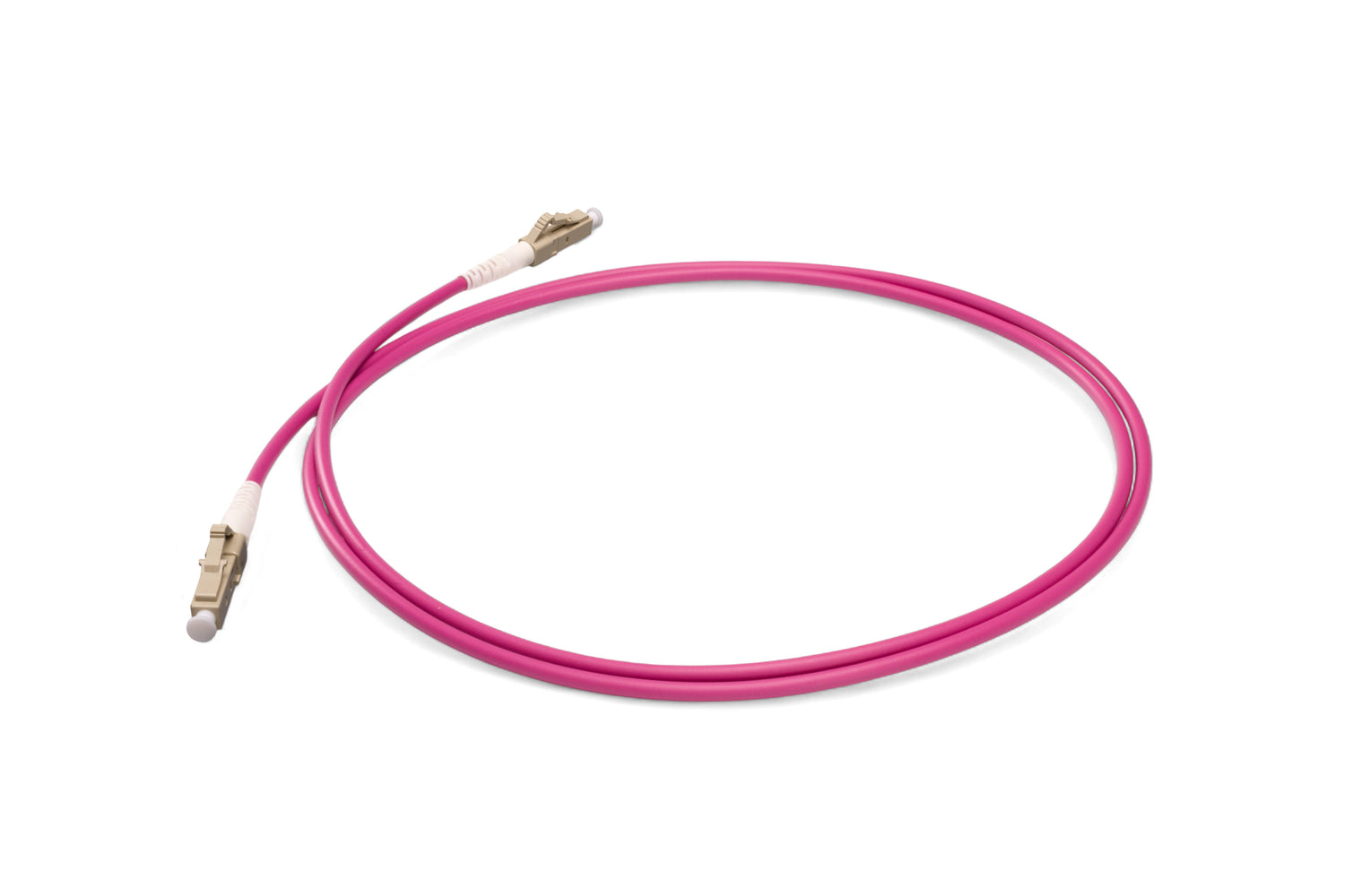 TAA合規 | 電信級 0.2dB  LC/UPC to LC/UPC 多模 OM4 單工光纖跳線 | 康寧纖芯 |  洋紅色 OFNR 外被, 米色接頭