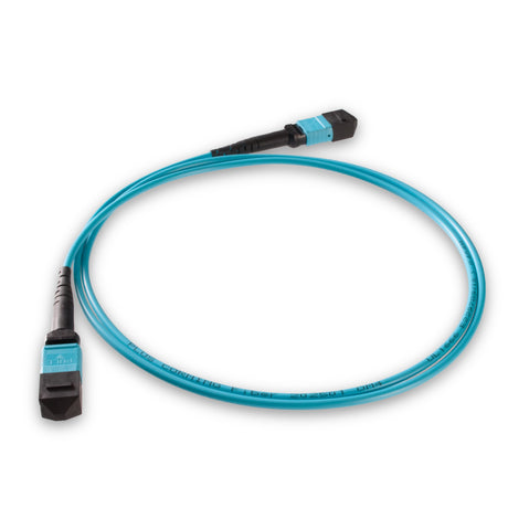 12-Fiber Low Loss Non-Pinned MPO APC to MPO APC Jumper with Corning® ClearCurve® OM3 Multimode Fiber, Type B polarity, Aqua MPO connectors, and Aqua jacket, optimized for 40GBASE-SR4 and 100GBASE-SR4 multimode parallel optics in high-density data centers.