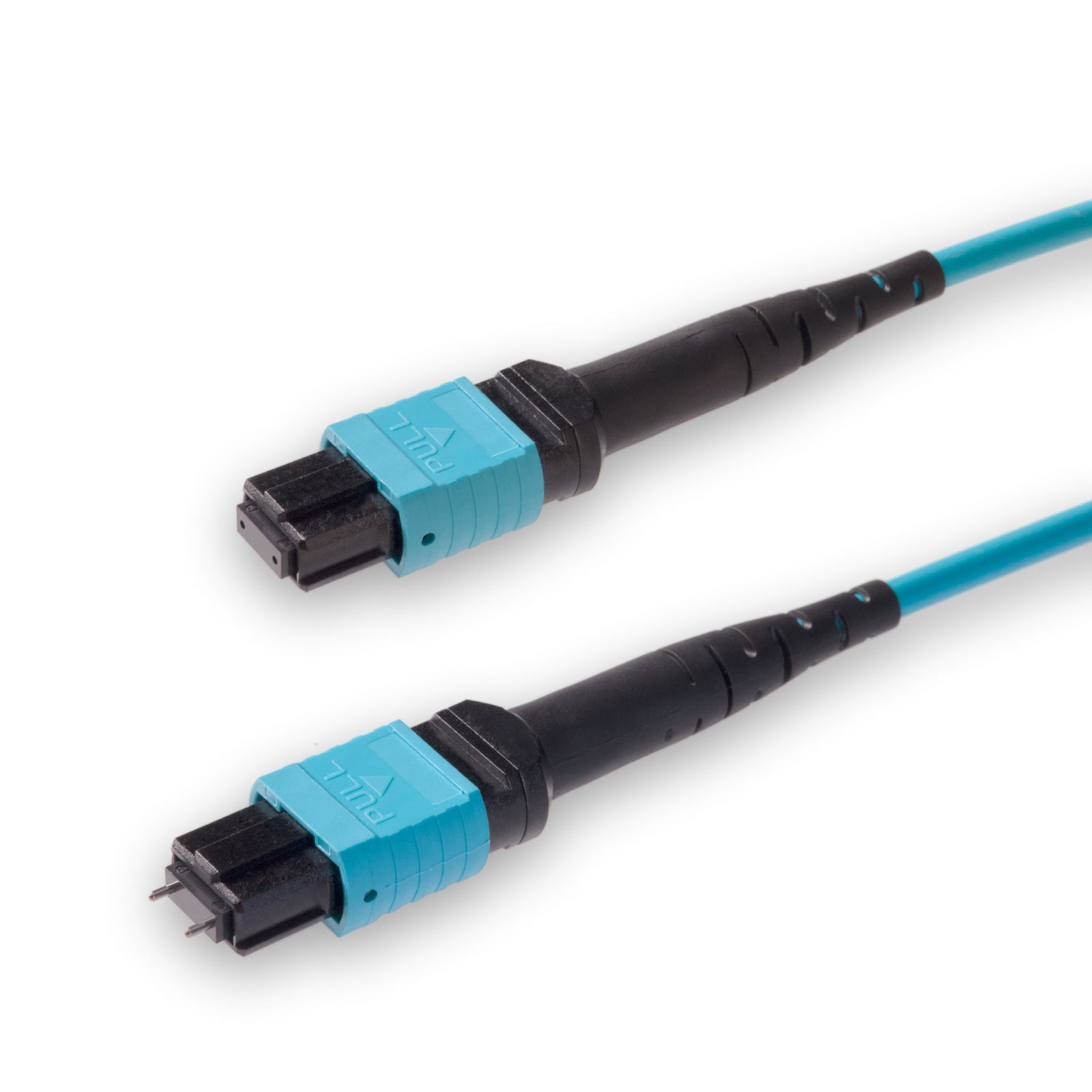 12-Fiber Low Loss Pinned MPO/UPC to Non-Pinned MPO/UPC Jumper | Corning® ClearCurve® OM3 Multimode Optical Fiber | Type A, Aqua MPO Connectors, Aqua Cable Jacket | OFNP Jacket