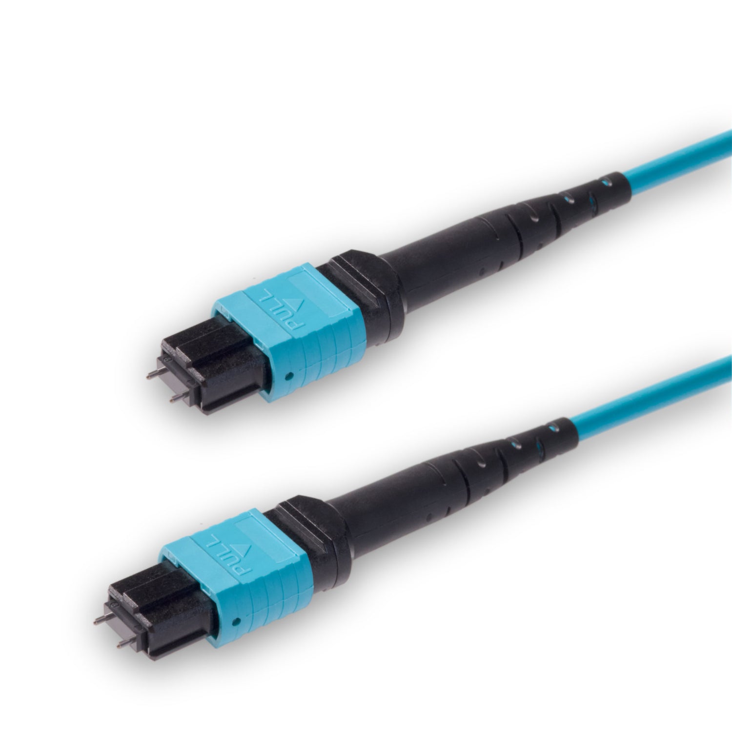 12-Fiber Low Loss Pinned MPO/UPC to Pinned MPO/UPC Jumper | Corning® ClearCurve® OM4 Multimode Optical Fiber | Type B, Aqua MPO Connectors, Aqua Cable Jacket | LSZH Jacket