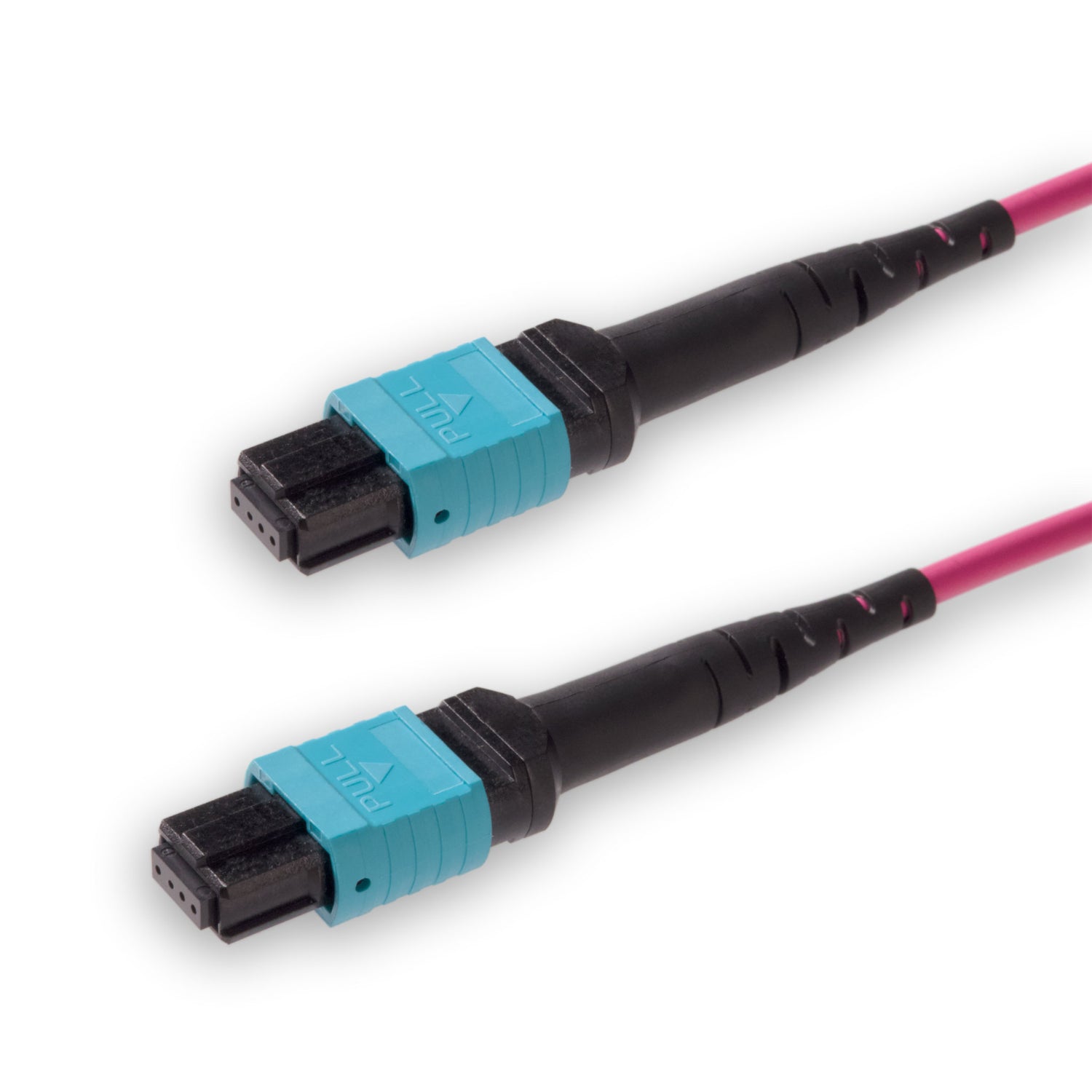 8 芯低插損母頭 MPO/UPC 轉母頭 MPO/UPC 跳線 | 康寧® ClearCurve® OM4 多模光纖 | 極性B,水綠色 MPO-12 接頭,洋紅色外被 | OFNR 外被