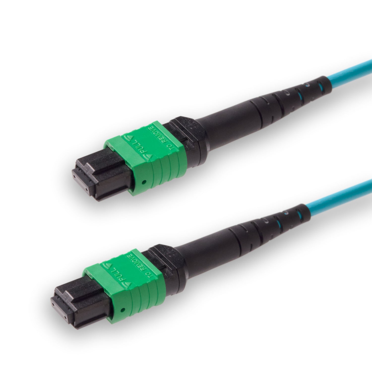 8 芯低插損母頭 MPO/APC 轉母頭 MPO/APC 跳線 | 康寧® ClearCurve® OM4 多模光纖 | 極性B,綠色 MPO-12 接頭,水綠色外被 | OFNR 外被