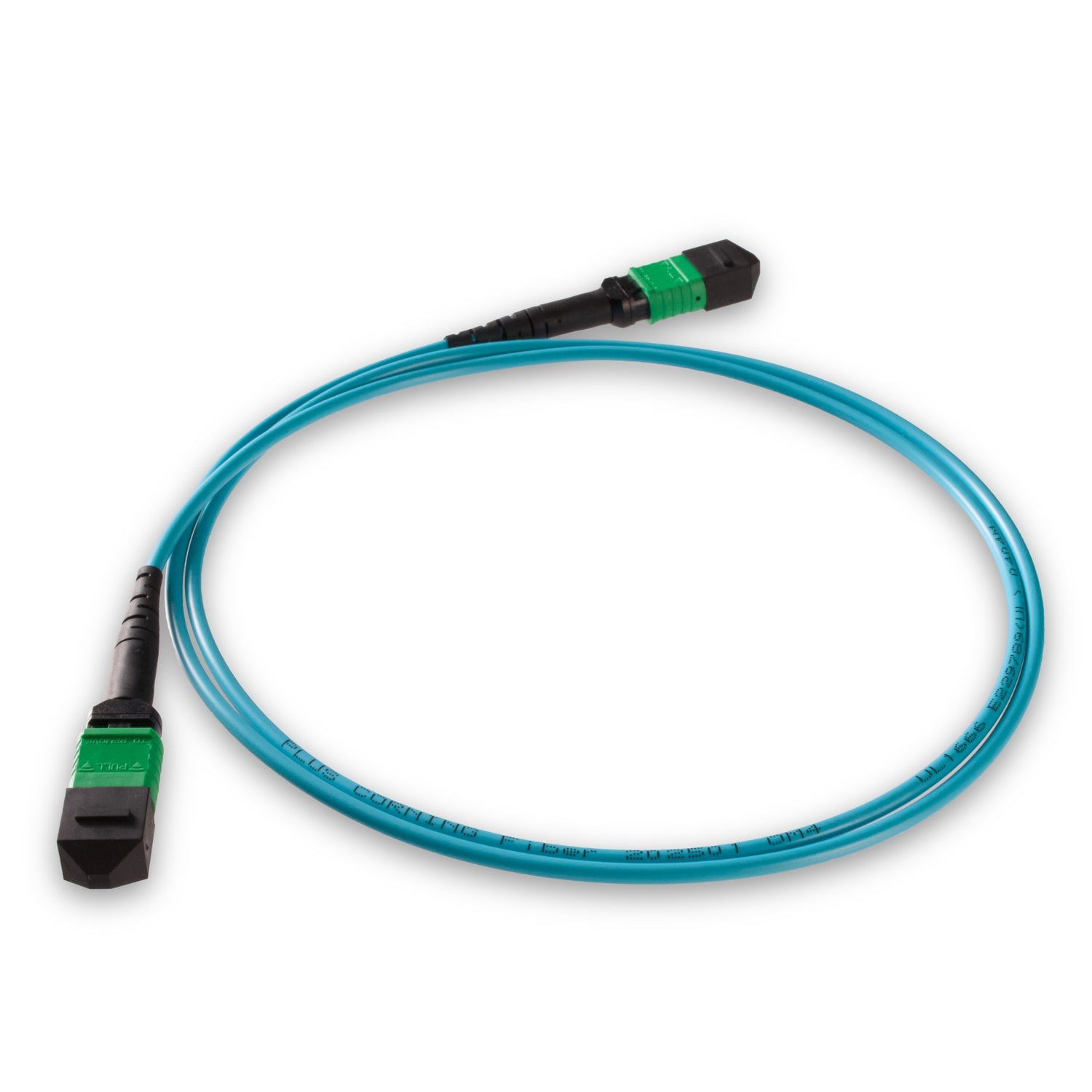 8 芯低插損母頭 MPO/APC 轉母頭 MPO/APC 跳線 | 康寧® ClearCurve® OM4 多模光纖 | 極性B,綠色 MPO-12 接頭,水綠色外被 | OFNR 外被