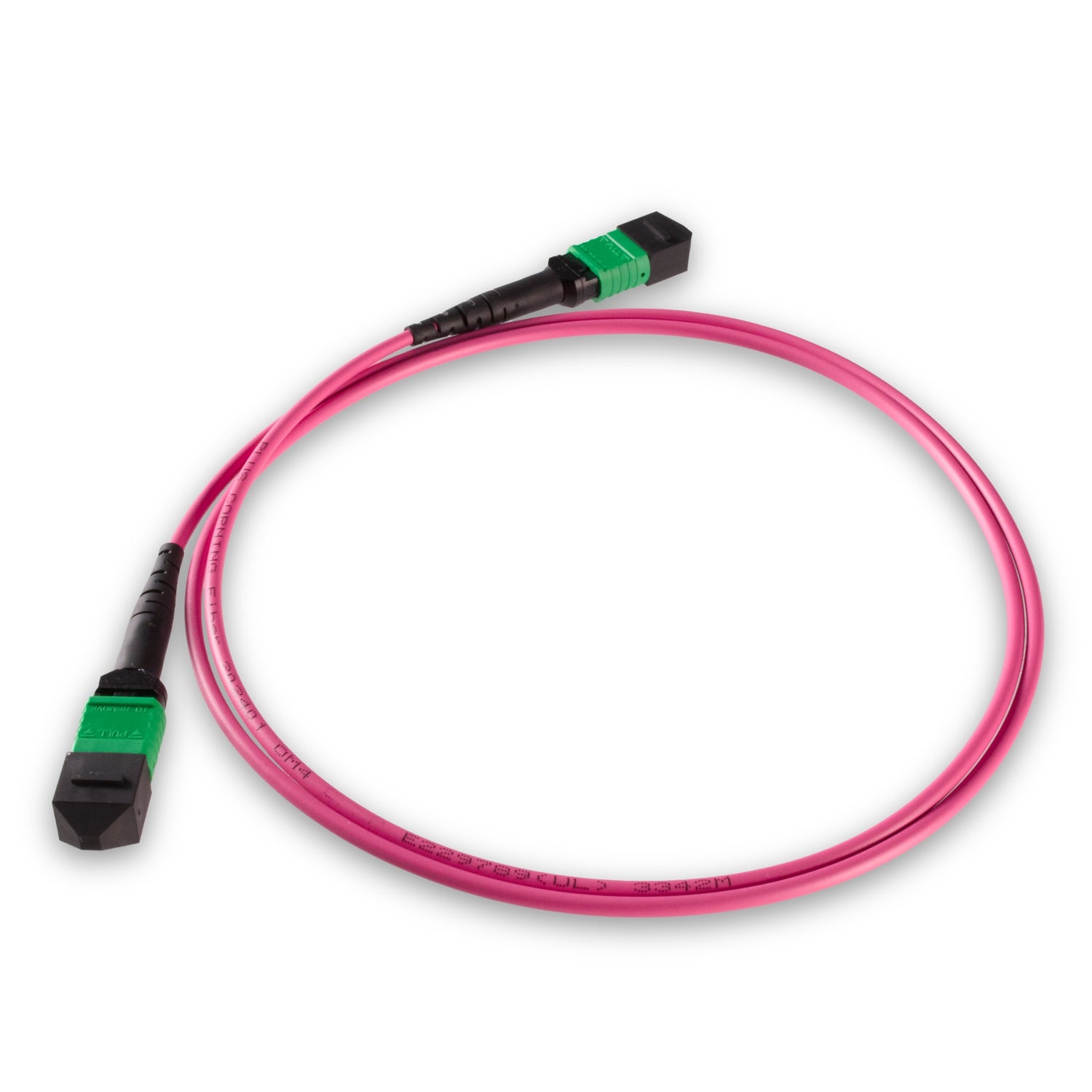 8-Fiber Low Loss Non-Pinned MPO/APC to Non-Pinned MPO/APC Jumper | Corning® ClearCurve® OM4 Multimode Optical Fiber | Type B, Green MPO-12 Connectors, Magenta Cable Jacket | LSZH Jacket