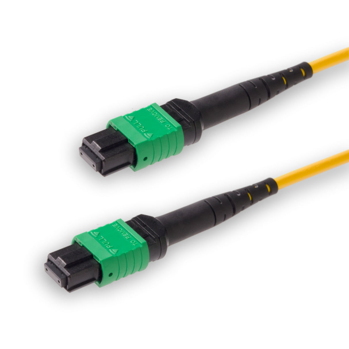 8 芯低插損母頭 MPO/APC 轉母頭 MPO/APC 跳線 | 康寧® SMF-28® Ultra 單模光纖 | OS1/OS2 兼容 | 極性B,綠色 MPO-12 接頭,黃色外被 | LSZH 低煙無鹵外被