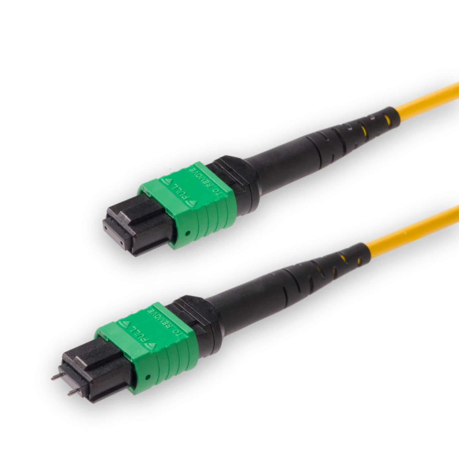12-Fiber Low Loss Pinned MPO/APC to Non-Pinned MPO/APC Jumper | Corning® SMF-28® Ultra Single-mode Optical Fiber | OS1/OS2 Compatible | Type A, Green MPO Connectors, Yellow Cable Jacket | LSZH Jacket