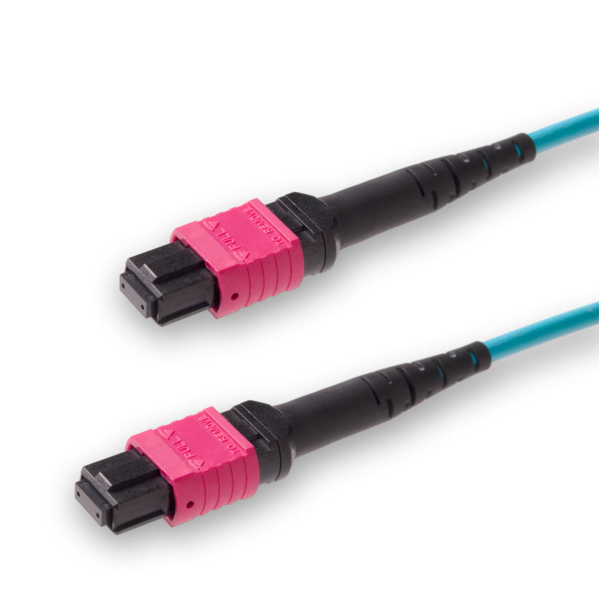 8 芯低插損母頭 MPO/UPC 轉母頭 MPO/UPC 跳線 | 康寧® ClearCurve® OM4 多模光纖 | 極性B,洋紅色 MPO-12 接頭,水綠色外被 | OFNR 外被