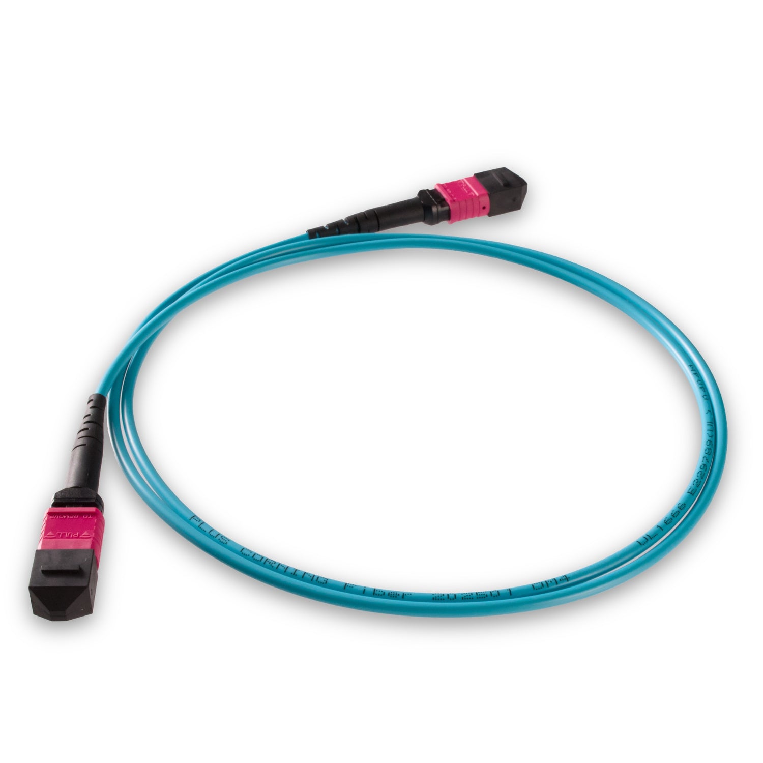 8 芯低插損母頭 MPO/UPC 轉母頭 MPO/UPC 跳線 | 康寧® ClearCurve® OM4 多模光纖 | 極性B,洋紅色 MPO-12 接頭,水綠色外被 | OFNR 外被