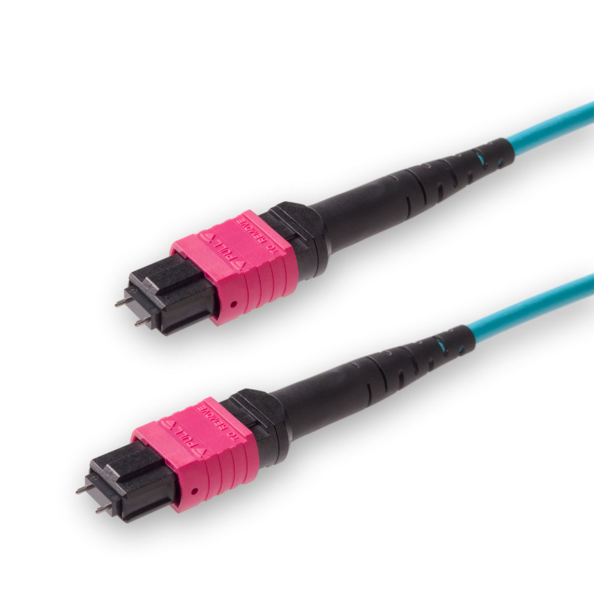 12-Fiber Low Loss Pinned MPO/UPC to Pinned MPO/UPC Jumper | Corning® ClearCurve® OM4 Multimode Optical Fiber | Type A, Magenta MPO Connectors, Aqua Cable Jacket | OFNR Jacket
