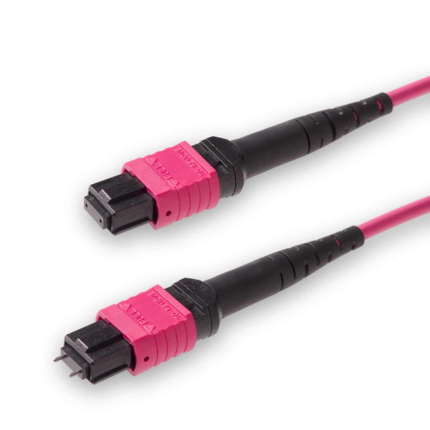 12-Fiber Low Loss Pinned MPO/UPC to Non-Pinned MPO/UPC Jumper | Corning® ClearCurve® OM4 Multimode Optical Fiber | Type A, Magenta MPO Connectors, Magenta Cable Jacket | LSZH Jacket
