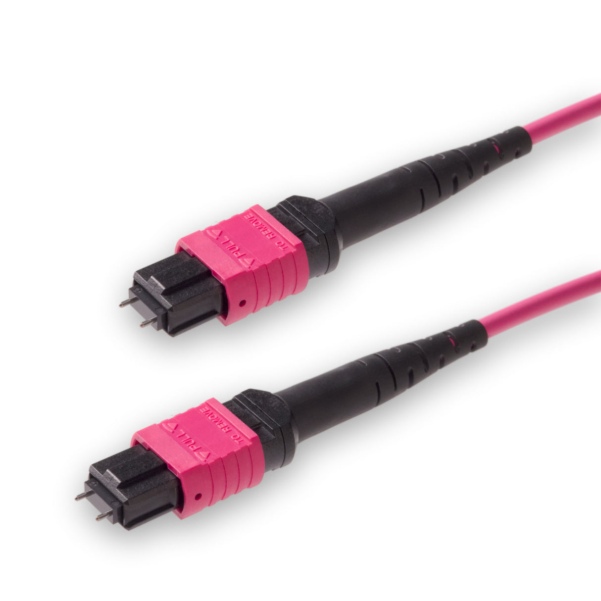12-Fiber Low Loss Pinned MPO/UPC to Pinned MPO/UPC Jumper | Corning® ClearCurve® OM4 Multimode Optical Fiber | Type A, Magenta MPO Connectors, Magenta Cable Jacket | OFNR Jacket