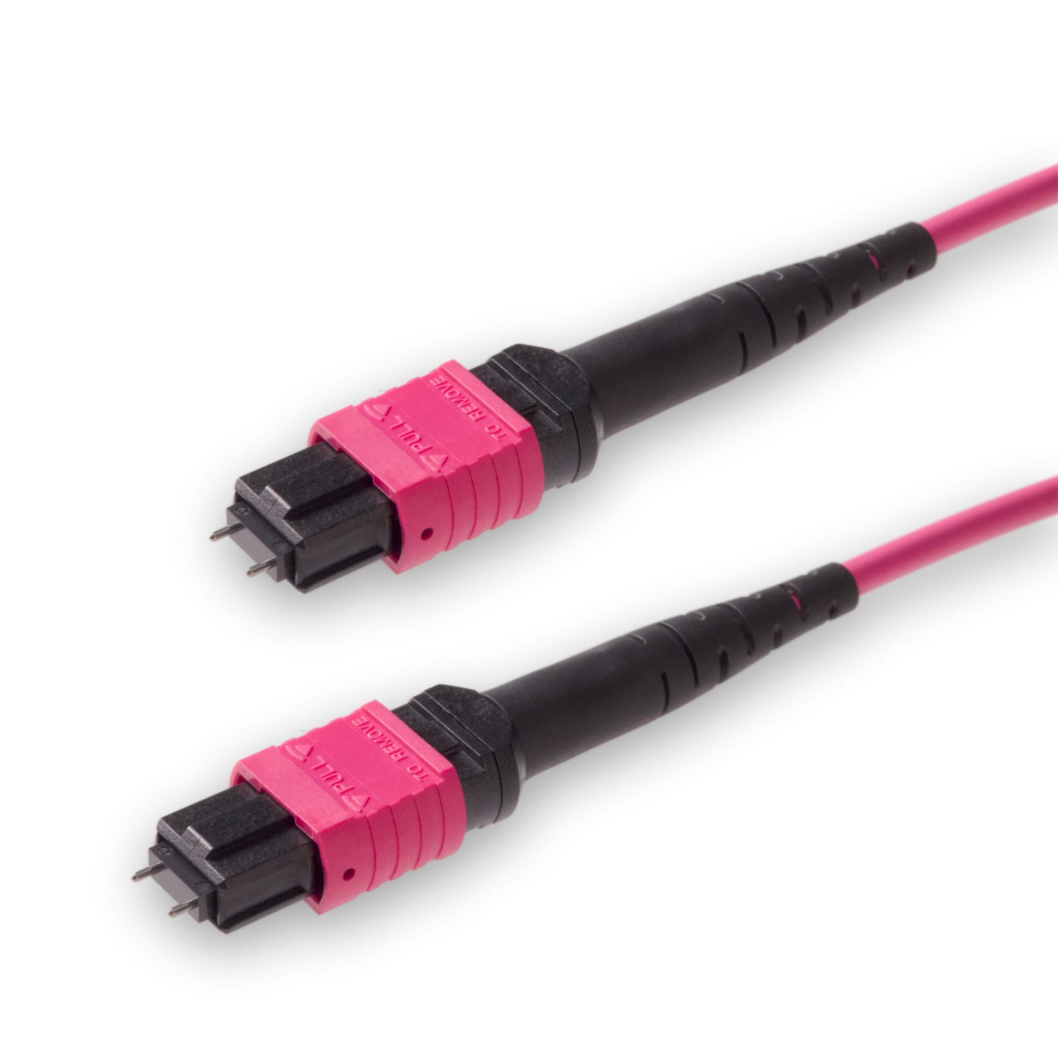 12-Fiber Low Loss Pinned MPO/UPC to Pinned MPO/UPC Jumper | Corning® ClearCurve® OM4 Multimode Optical Fiber | Type A, Magenta MPO Connectors, Magenta Cable Jacket | OFNR Jacket