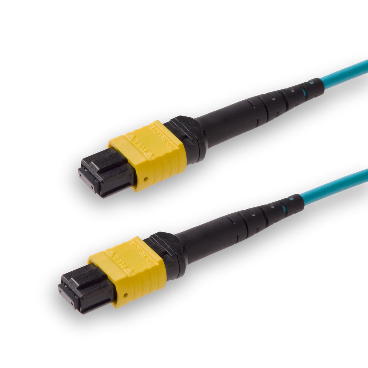 8 芯低插損母頭 MPO/APC 轉母頭 MPO/APC 跳線 | 康寧® ClearCurve® OM4 多模光纖 | 極性B,黃色 MPO-12 接頭,水綠色外被 | LSZH 低煙無鹵外被