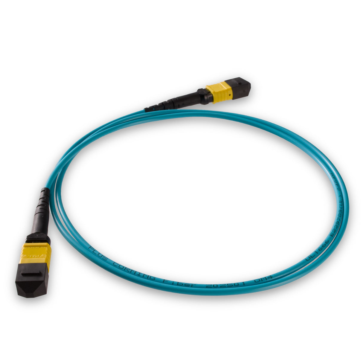 8 芯低插損母頭 MPO/APC 轉母頭 MPO/APC 跳線 | 康寧® ClearCurve® OM4 多模光纖 | 極性B,黃色 MPO-12 接頭,水綠色外被 | LSZH 低煙無鹵外被