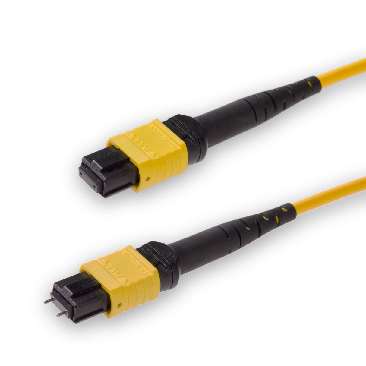 12-Fiber Low Loss Pinned MPO/APC to Non-Pinned MPO/APC Jumper | Corning® SMF-28® Ultra Single-mode Optical Fiber | OS1/OS2 Compatible | Type B, Yellow MPO Connectors, Yellow Cable Jacket | LSZH Jacket
