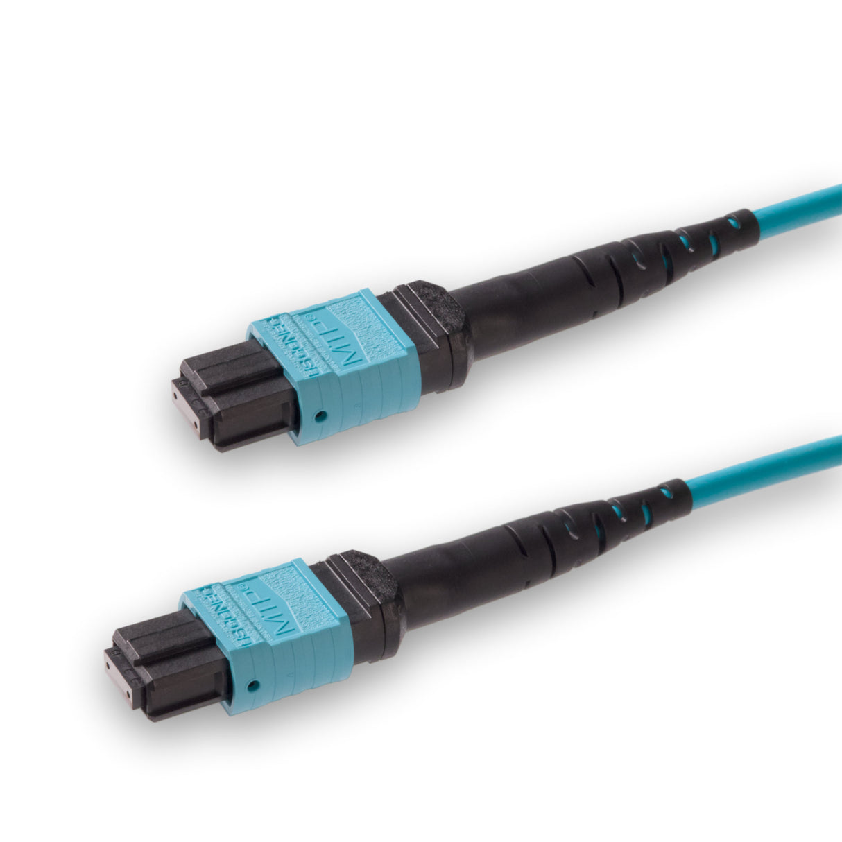 8 芯 Elite 母頭 MTP®/UPC 轉母頭 MTP®/UPC 跳線 | 康寧® ClearCurve® OM4 多模光纖 | 極性B,水綠色 MTP®-12 接頭,水綠色外被 | OFNR 外被