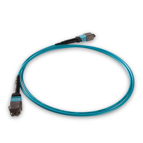 12-Fiber Elite Non-Pinned MTP® UPC to MTP® UPC Jumper with Corning® ClearCurve® OM4 Multimode Fiber, Type B polarity, Aqua MTP® connectors, and Aqua jacket, optimized for 40GBASE-SR4 and 100GBASE-SR4 multimode parallel optics in high-density data centers.