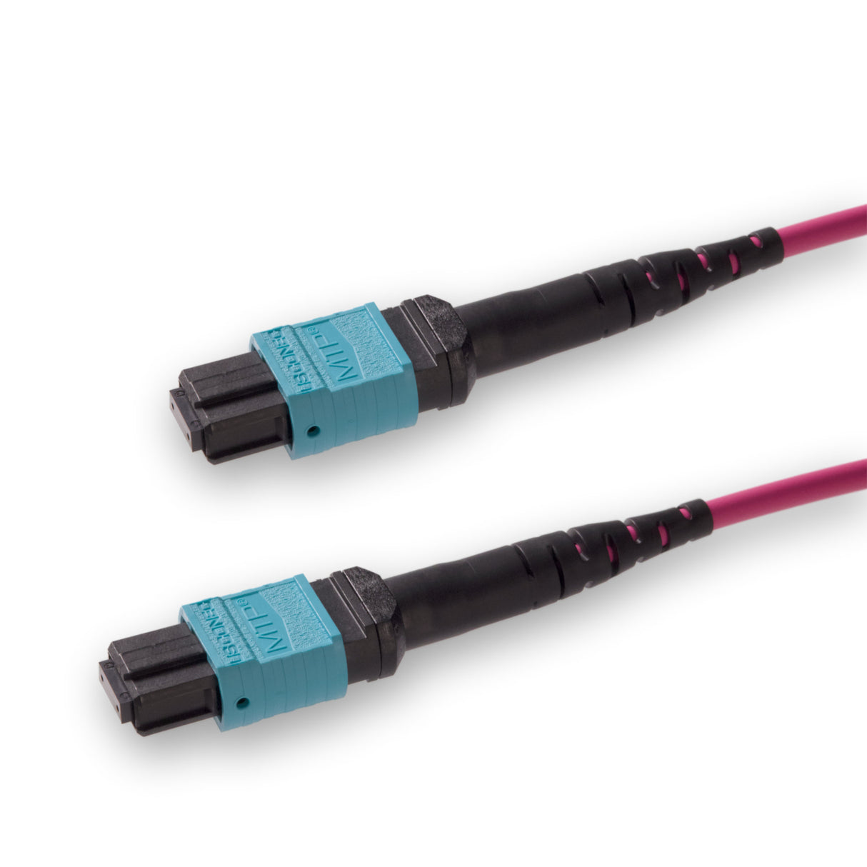 8 芯 Elite 母頭 MTP®/UPC 轉母頭 MTP®/UPC 跳線 | 康寧® ClearCurve® OM4 多模光纖 | 極性B,水綠色 MTP®-12 接頭,洋紅色外被 | OFNR 外被
