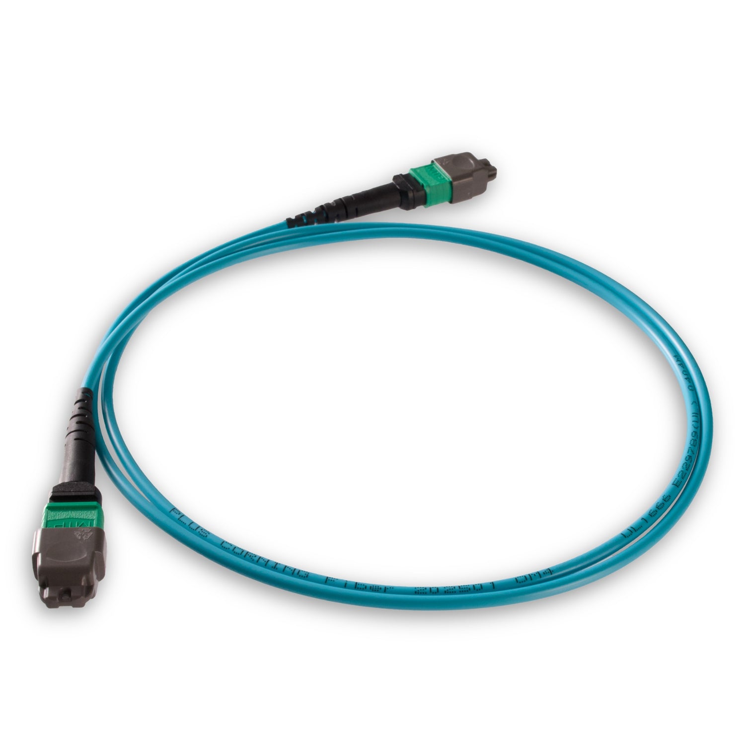 8 芯 Elite 母頭 MTP®/APC 轉母頭 MTP®/APC 跳線 | 康寧® ClearCurve® OM4 多模光纖 | 極性B,綠色 MTP®-12 接頭,水綠色外被 | OFNP 外被