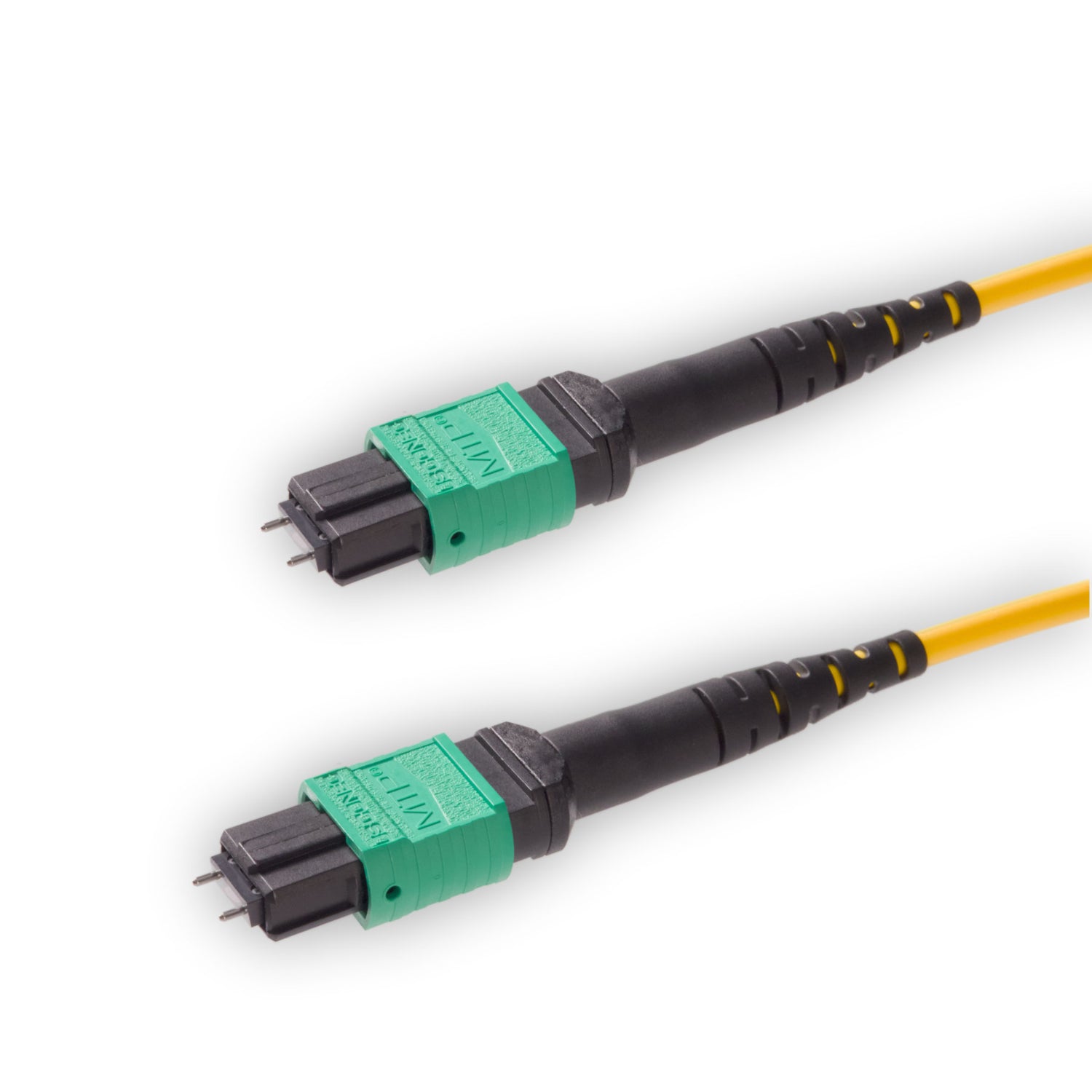 12-Fiber Elite Pinned MTP®/APC to Pinned MTP®/APC Jumper | Corning® SMF-28® Ultra Single-mode Optical Fiber | OS1/OS2 Compatible | Type A, Green MTP® Connectors, Yellow Cable Jacket | OFNP Jacket
