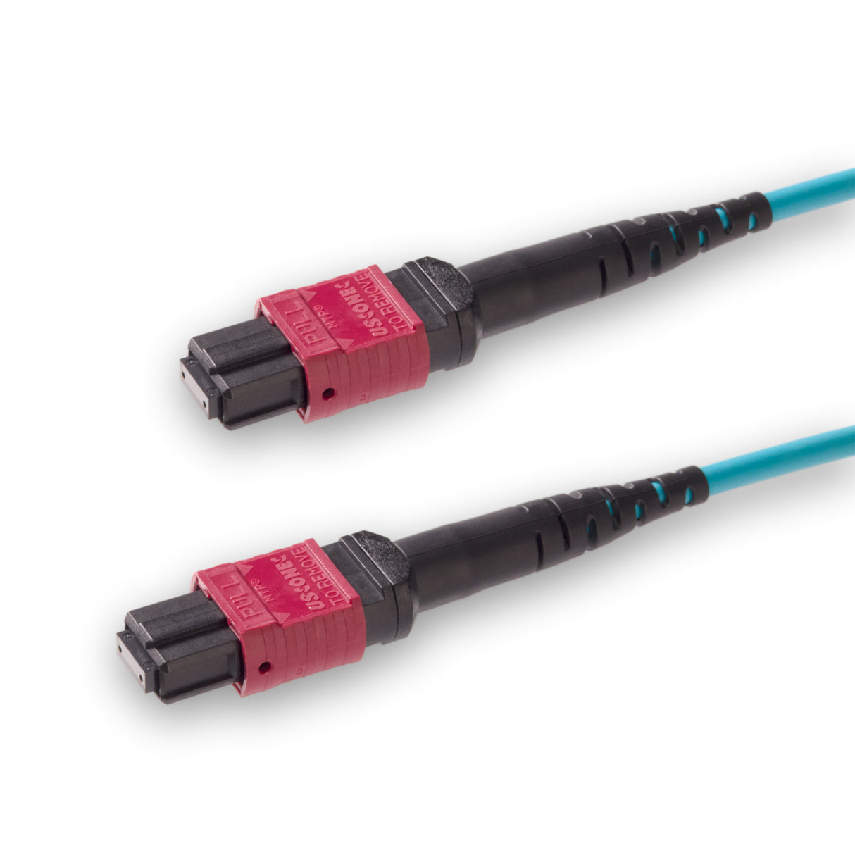 8 芯 Elite 母頭 MTP®/UPC 轉母頭 MTP®/UPC 跳線 | 康寧® ClearCurve® OM4 多模光纖 | 極性B,洋紅色 MTP®-12 接頭,水綠色外被 | LSZH 低煙無鹵外被